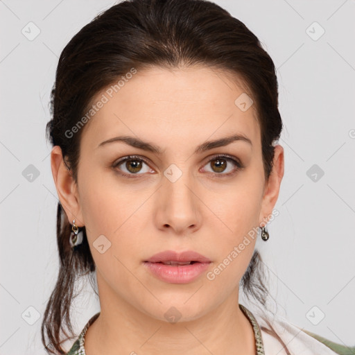 Neutral white young-adult female with medium  brown hair and brown eyes