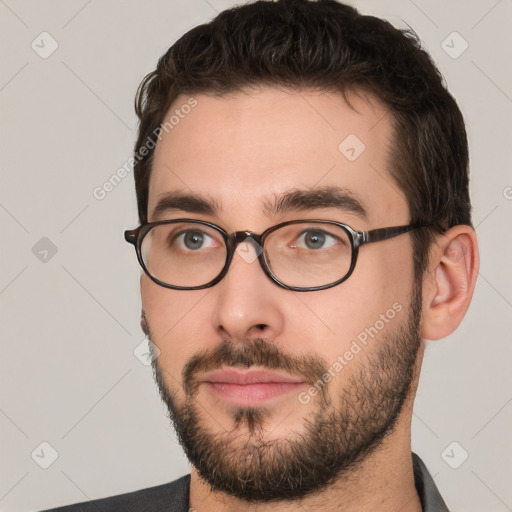 Neutral white young-adult male with short  brown hair and brown eyes