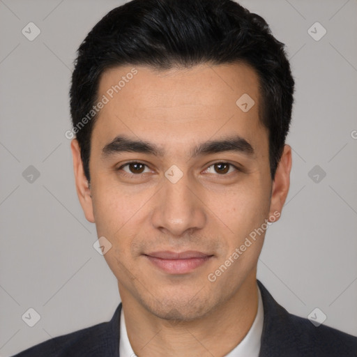 Joyful latino young-adult male with short  black hair and brown eyes