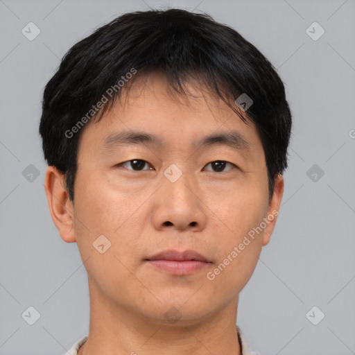 Neutral asian young-adult male with short  brown hair and brown eyes