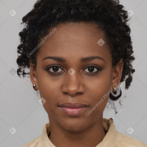 Neutral black young-adult female with short  black hair and brown eyes