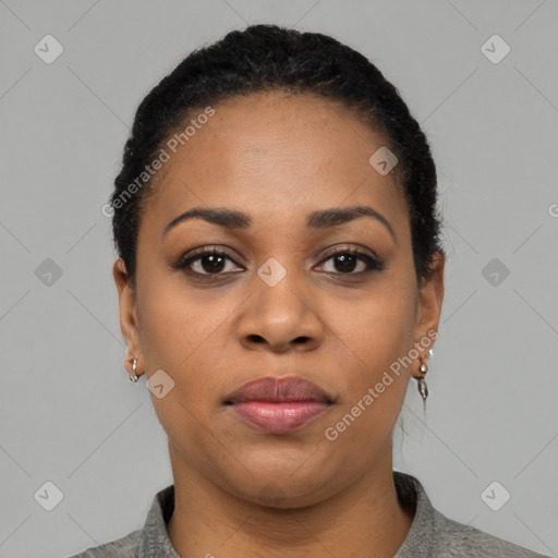 Neutral black young-adult female with short  black hair and brown eyes