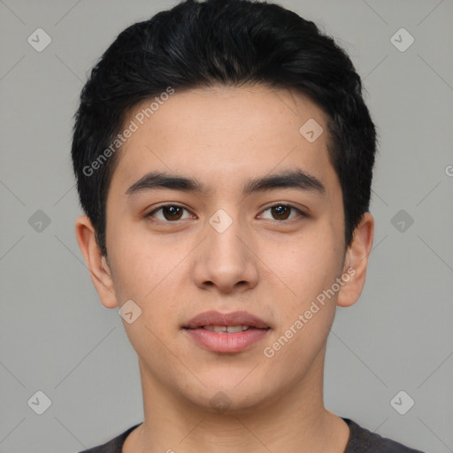 Joyful white young-adult male with short  black hair and brown eyes