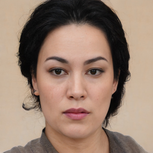Neutral asian young-adult female with medium  black hair and brown eyes