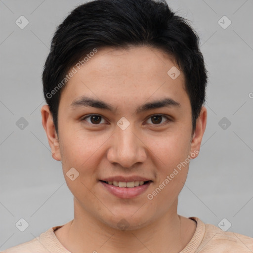 Joyful asian young-adult female with short  brown hair and brown eyes