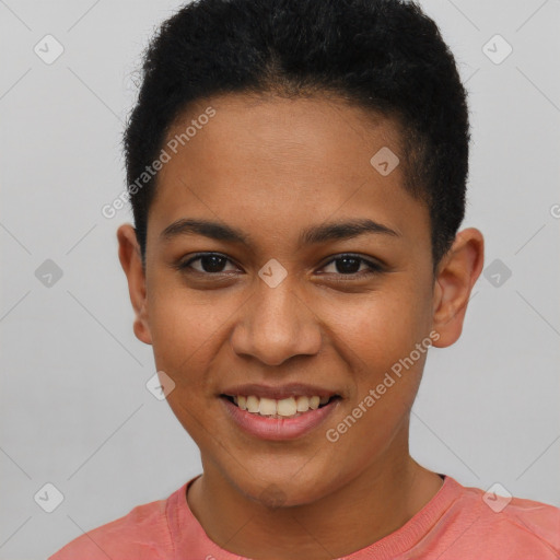 Joyful latino young-adult female with short  brown hair and brown eyes