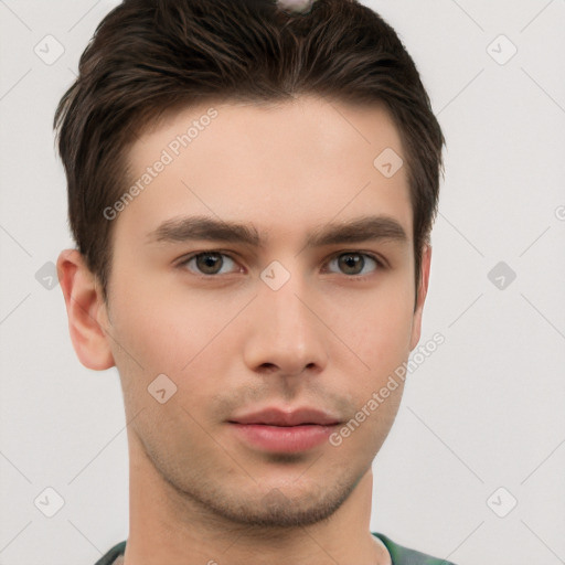 Neutral white young-adult male with short  brown hair and brown eyes