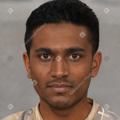 Neutral latino young-adult male with short  black hair and brown eyes