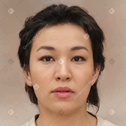 Neutral asian young-adult female with medium  brown hair and brown eyes