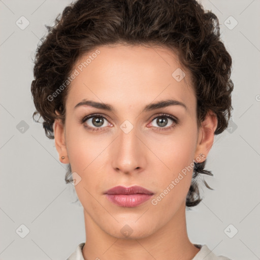 Neutral white young-adult female with short  brown hair and brown eyes