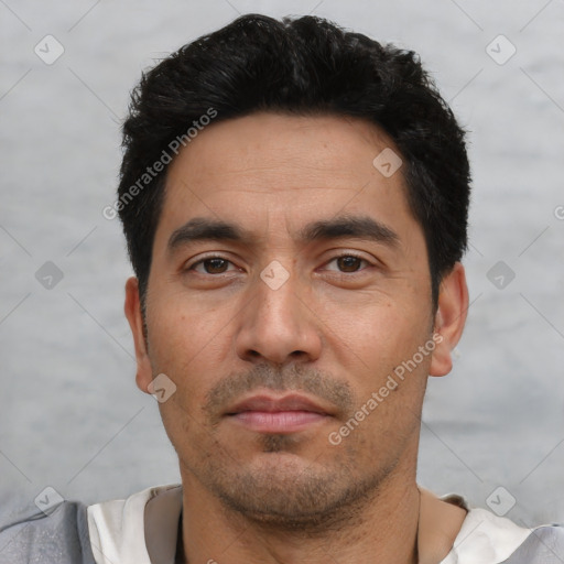 Neutral asian adult male with short  black hair and brown eyes