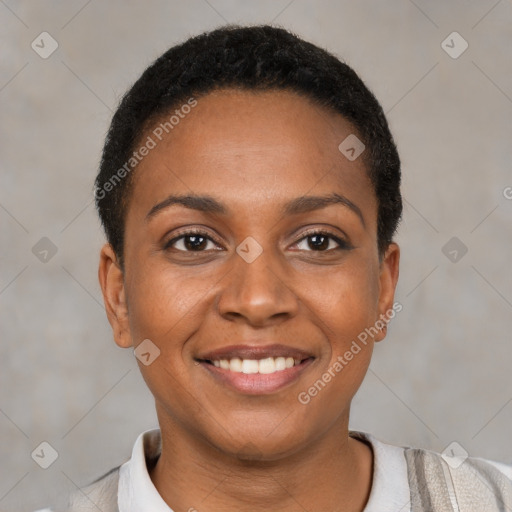 Joyful black young-adult female with short  brown hair and brown eyes