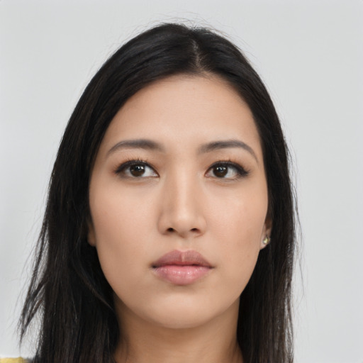 Neutral asian young-adult female with long  black hair and brown eyes
