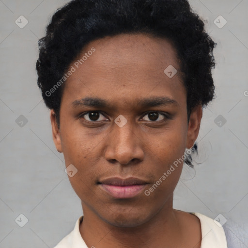 Neutral black young-adult male with short  black hair and brown eyes