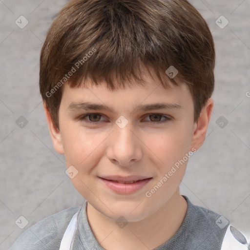 Joyful white child male with short  brown hair and grey eyes