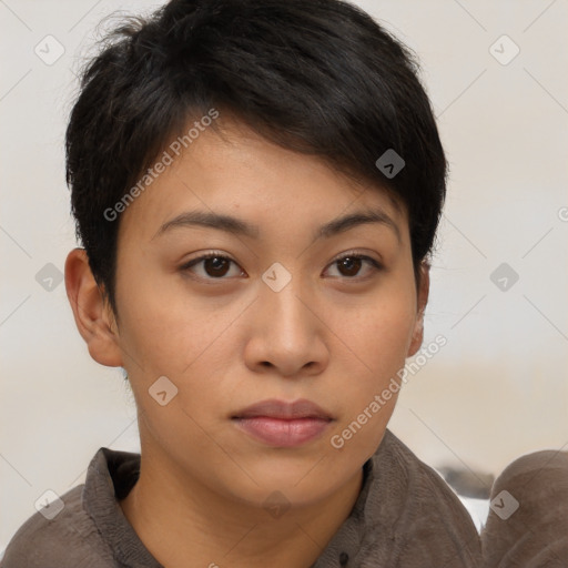 Neutral asian young-adult female with short  brown hair and brown eyes