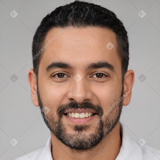 Joyful white young-adult male with short  black hair and brown eyes