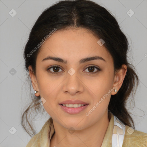 Joyful latino young-adult female with medium  brown hair and brown eyes