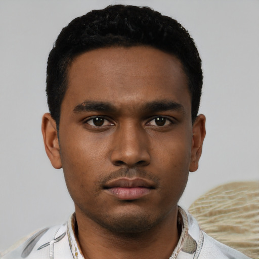 Neutral black young-adult male with short  black hair and brown eyes