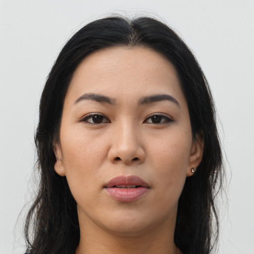 Neutral asian young-adult female with long  brown hair and brown eyes