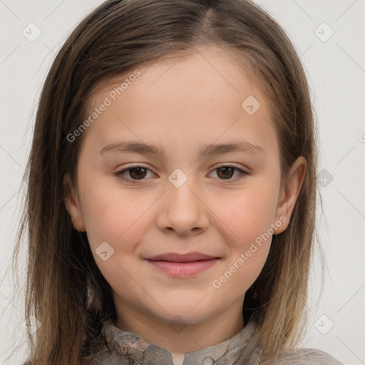 Joyful white child female with long  brown hair and brown eyes