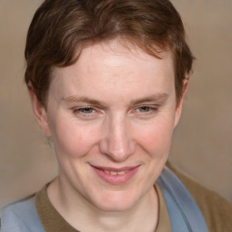 Joyful white adult female with medium  brown hair and blue eyes