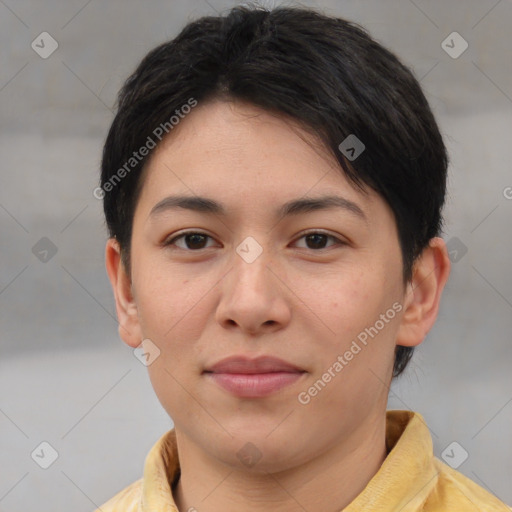 Joyful white young-adult female with short  brown hair and brown eyes