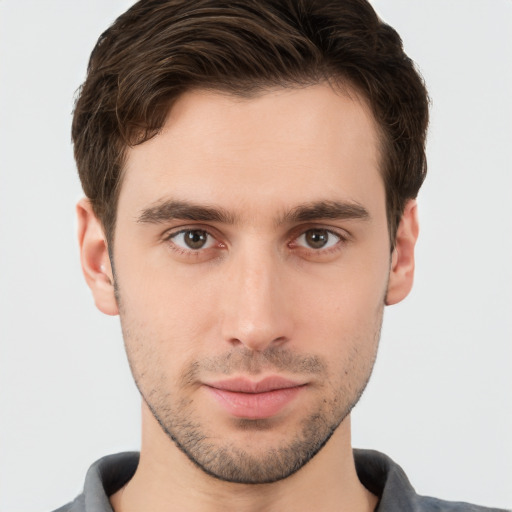 Neutral white young-adult male with short  brown hair and brown eyes