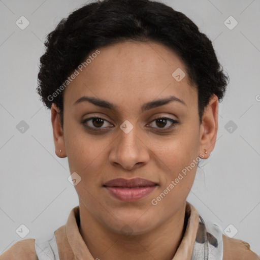 Joyful latino young-adult female with short  brown hair and brown eyes
