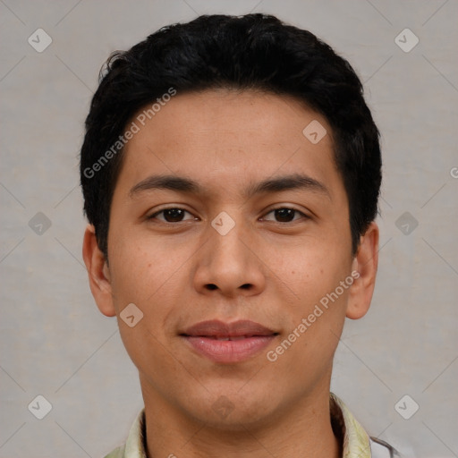 Joyful asian young-adult male with short  black hair and brown eyes