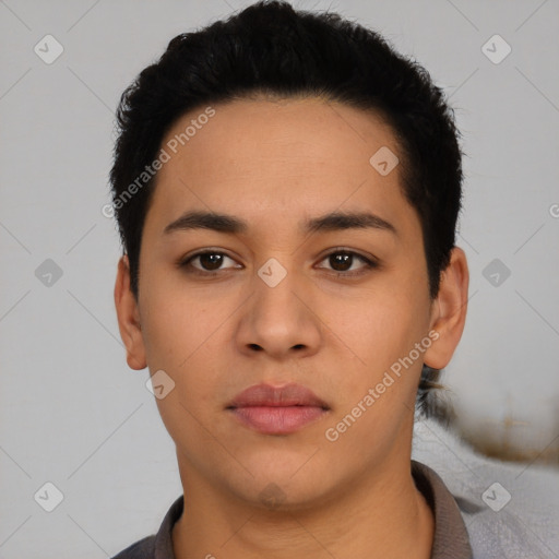 Neutral asian young-adult female with short  black hair and brown eyes