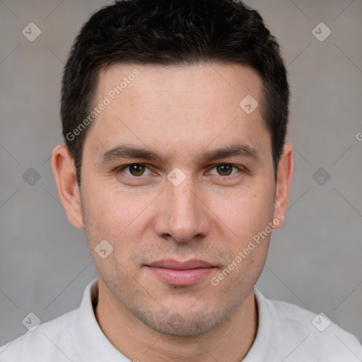 Joyful white young-adult male with short  brown hair and brown eyes