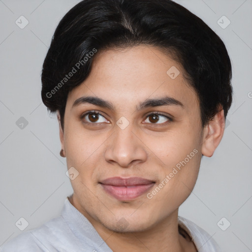 Joyful asian young-adult female with short  brown hair and brown eyes