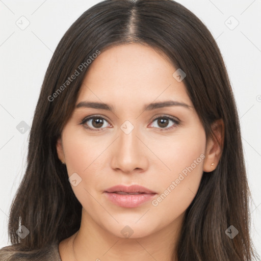 Neutral white young-adult female with long  brown hair and brown eyes