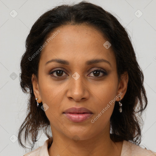 Joyful black young-adult female with medium  brown hair and brown eyes