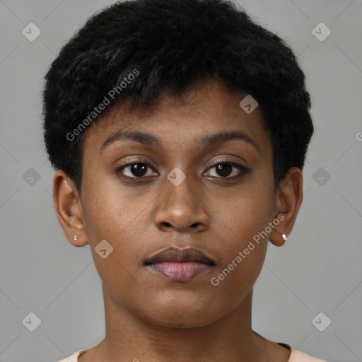 Neutral black young-adult female with short  brown hair and brown eyes