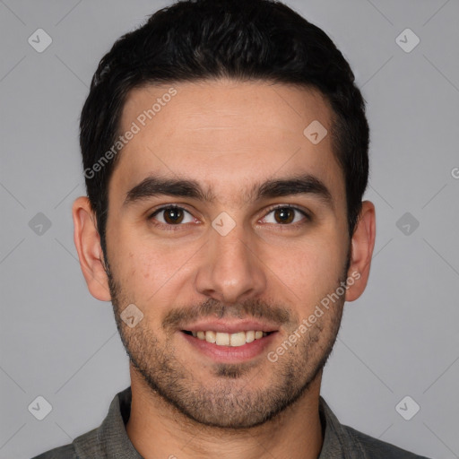 Joyful white young-adult male with short  black hair and brown eyes