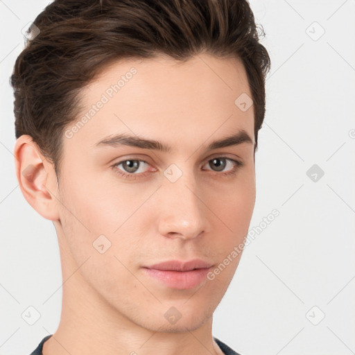 Neutral white young-adult male with short  brown hair and brown eyes