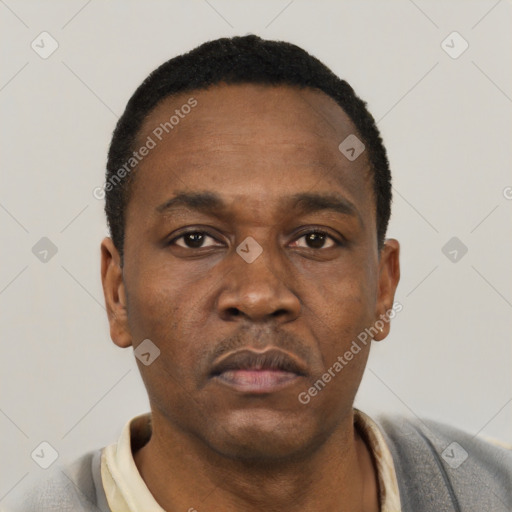 Neutral black adult male with short  black hair and brown eyes