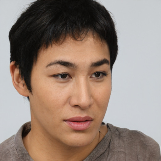 Neutral asian young-adult male with short  brown hair and brown eyes