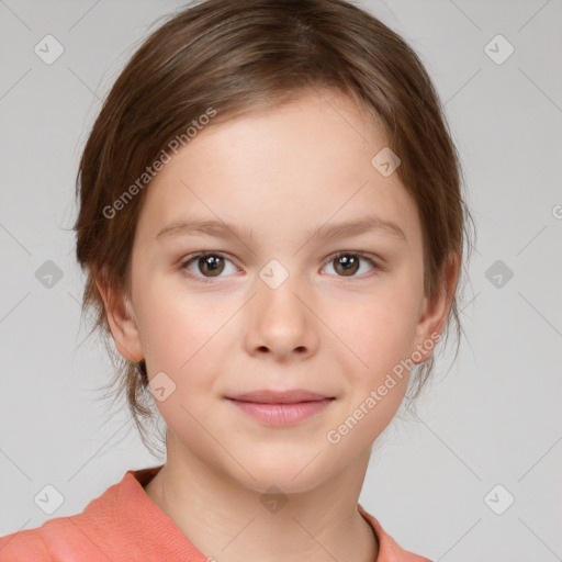 Joyful white child female with medium  brown hair and brown eyes