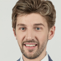 Joyful white adult male with short  brown hair and grey eyes