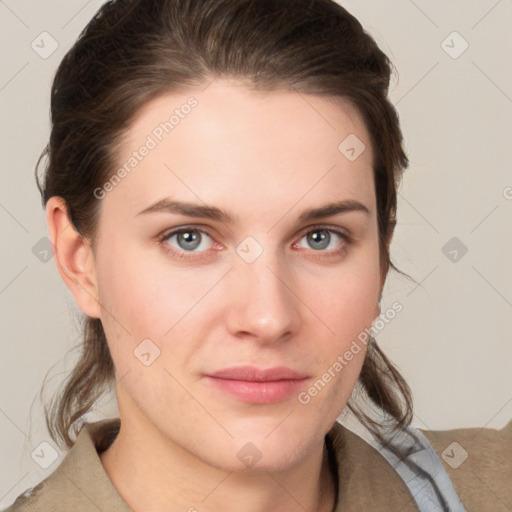 Neutral white young-adult female with medium  brown hair and grey eyes