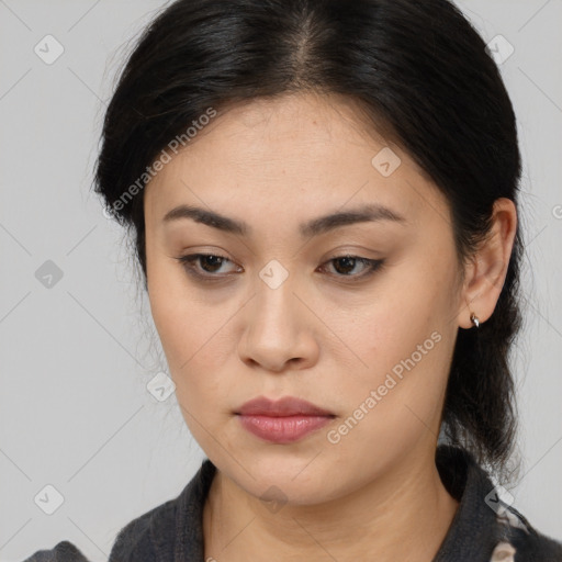 Neutral asian young-adult female with medium  brown hair and brown eyes