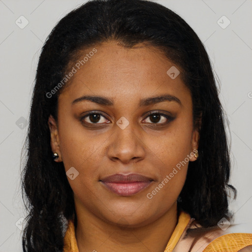 Joyful latino young-adult female with long  brown hair and brown eyes