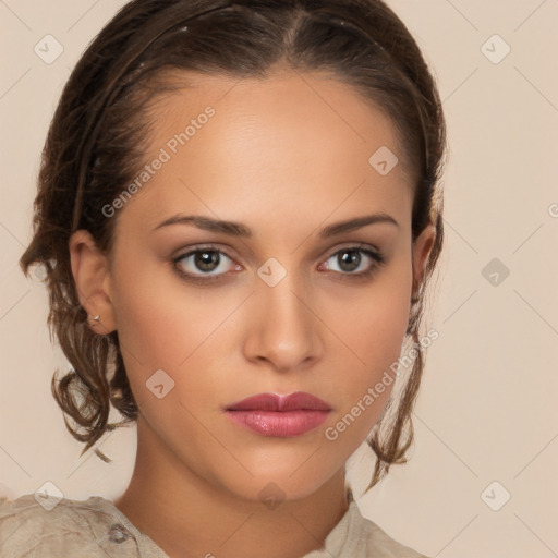 Neutral white young-adult female with long  brown hair and brown eyes