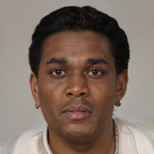 Neutral black adult male with short  black hair and brown eyes