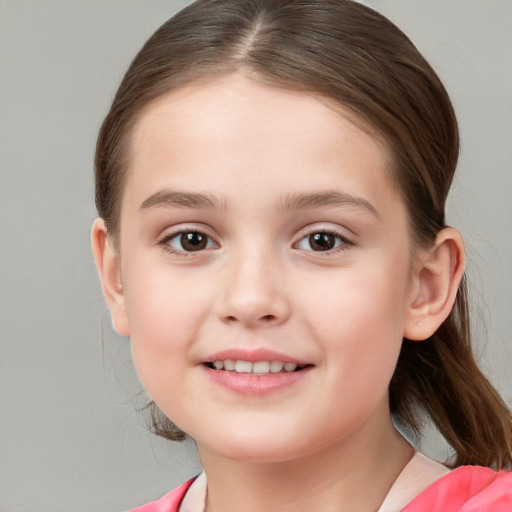 Joyful white child female with medium  brown hair and brown eyes