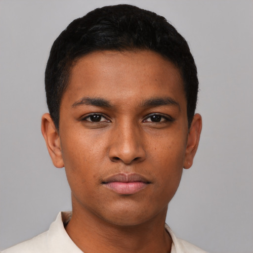 Neutral black young-adult male with short  black hair and brown eyes