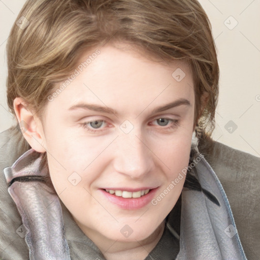 Joyful white young-adult female with long  brown hair and blue eyes